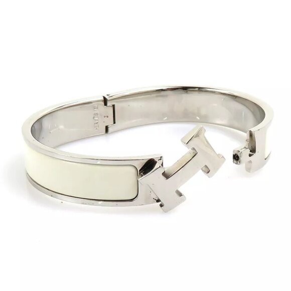 Auth HERMES Clic Clac H Bangle Bracelet Silver/Off White Metal/Enamel - Picture 4 of 16